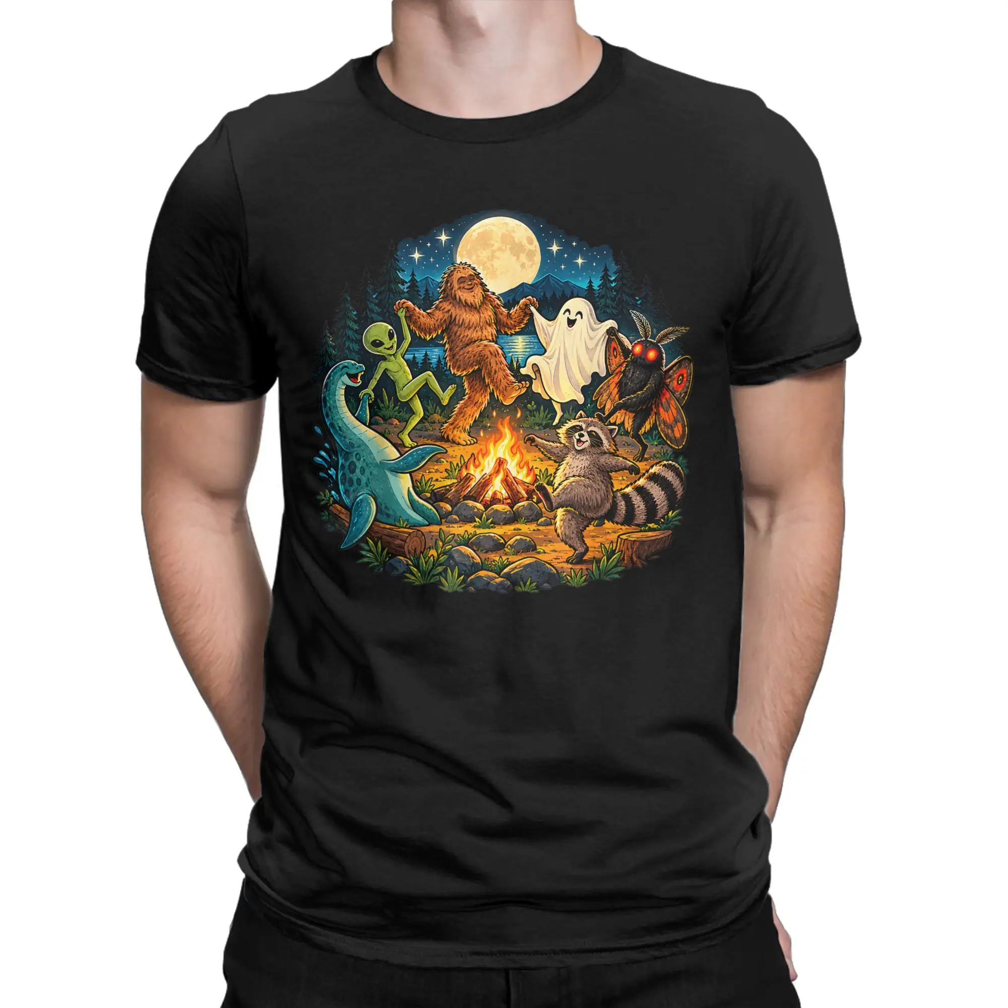 Men Women's Bigfoot Alien Mothman Loch Ness Dancing Cryptids T Shirts  Pure Cotton Clothing Vintage Crewneck Tees Adult T-Shirt