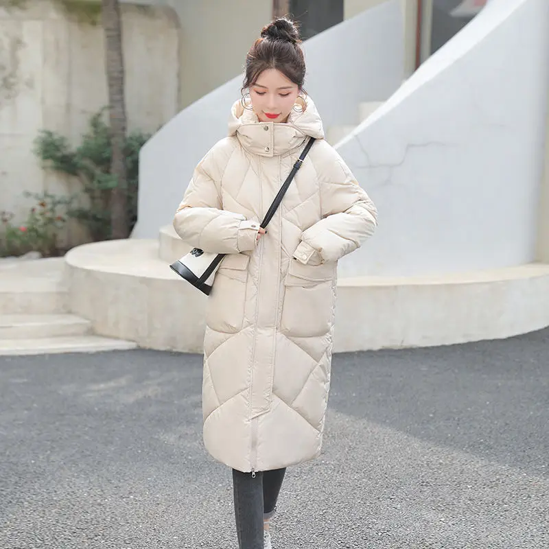 

Winter Parkas Long Overcoat Casual Warm Korean Fashion Casual Hooded Long Coats Parka Female Solid Color Warm Thick Down Coat V1