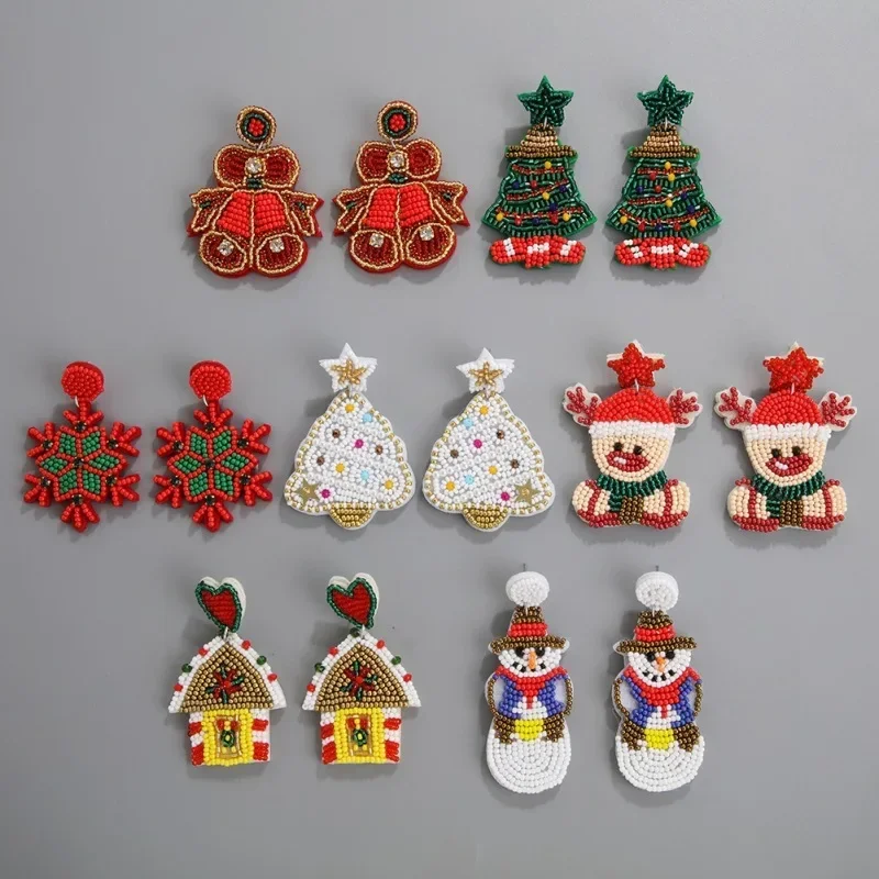 Beaded earrings Christmas Fabric art Christmas tree Elk Snowman Hand knitting  Bohemia Design Fashion Simple Rice bead earrings - view 2