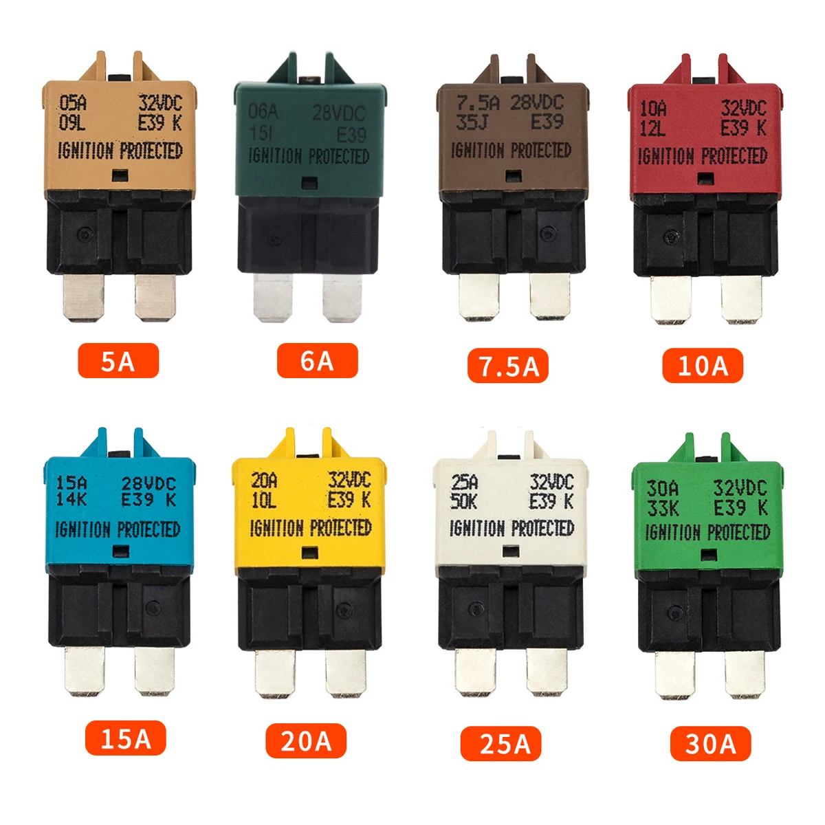 8 Packs Fuse Circuit Breaker Low Profile ATC/ATO Manual Resettable Fuse 5A 6A 7.5A 10A 15A 20A 25A 30A (Mixed) 12V-32V