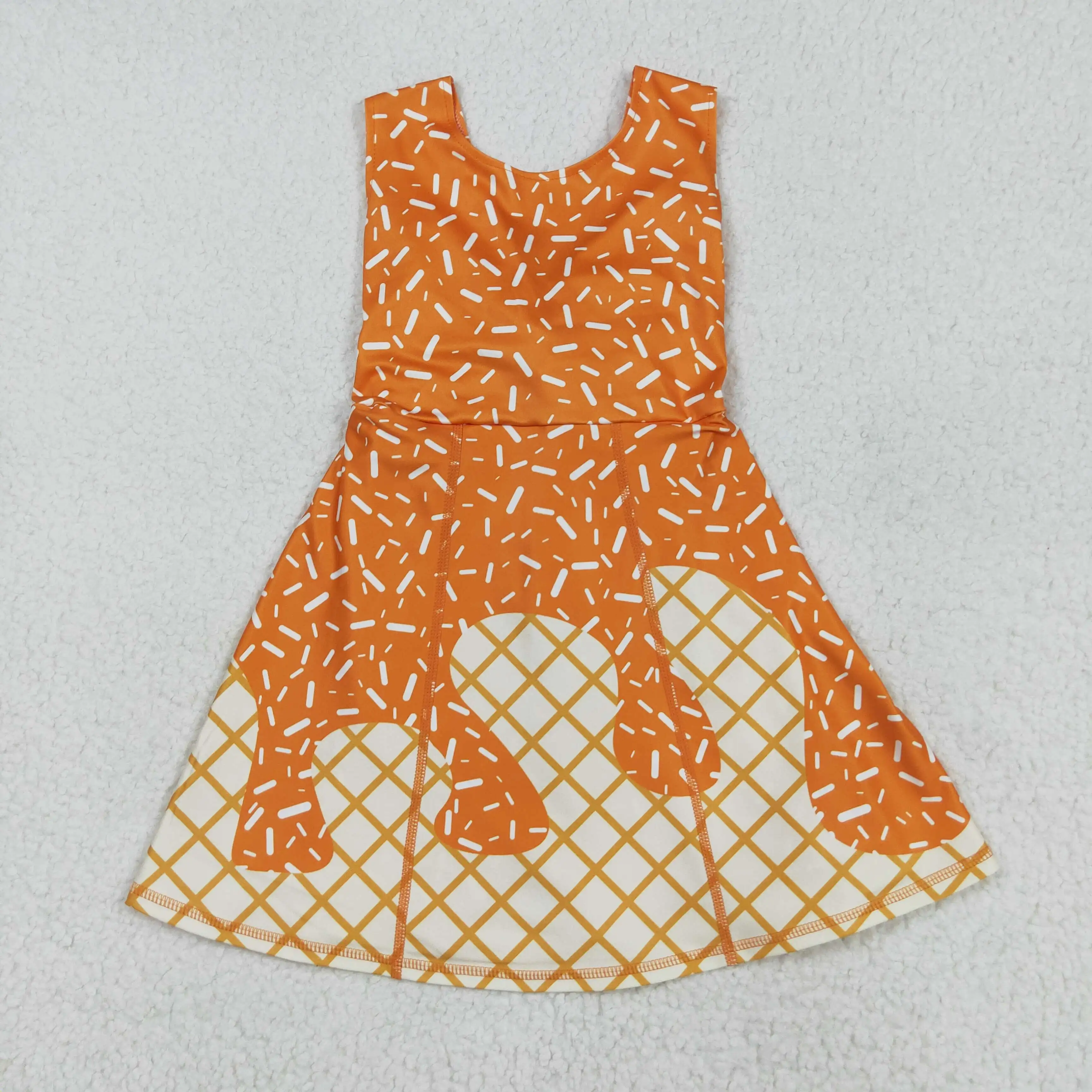 

New Sportswear Orange Sleeveless Dress for Girls Yoga Kids Wear Ice Cream Drip Design Wholesale Clothing RTS