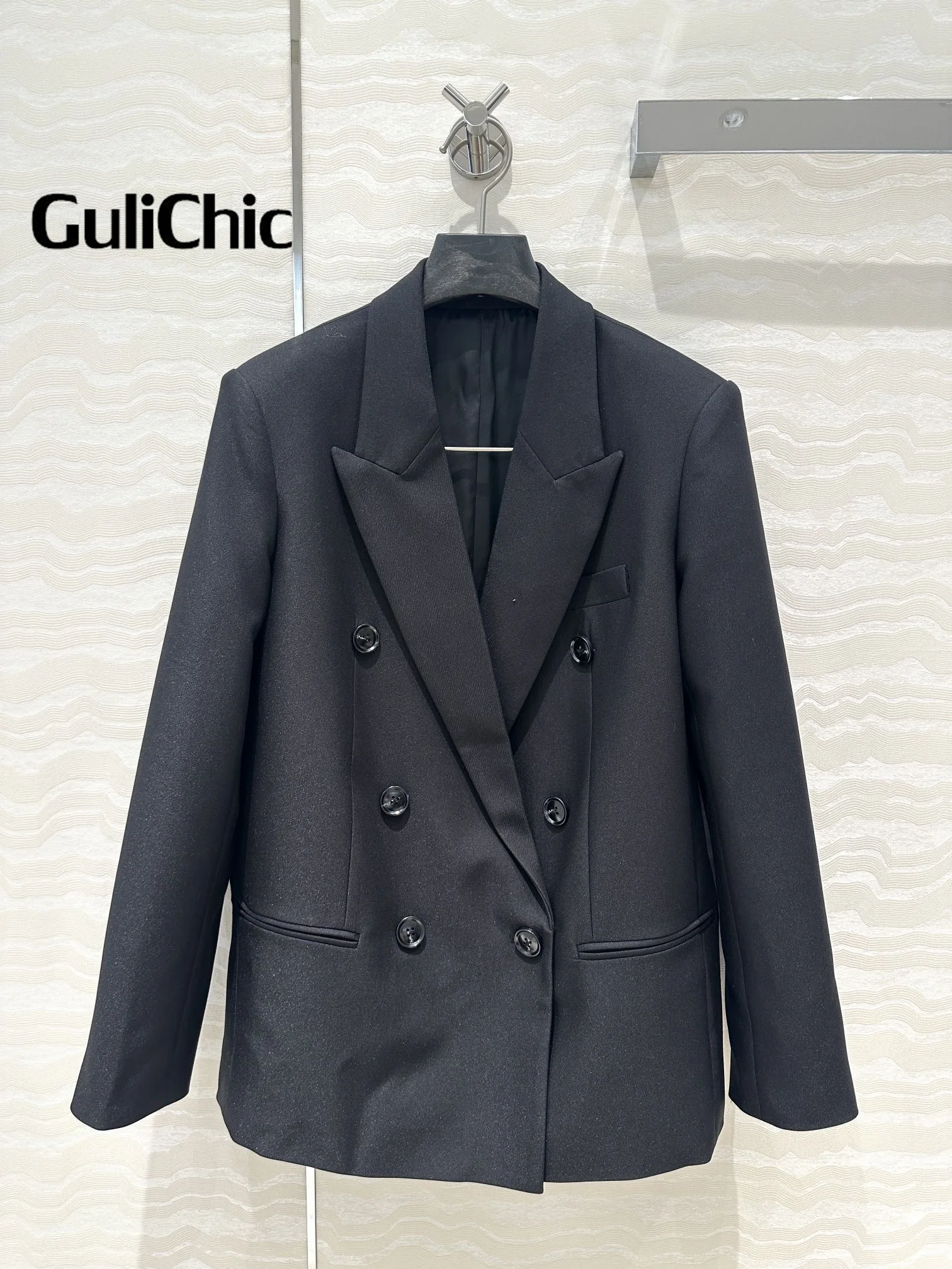 8.1 GuliChic 2024 High Quality Women Temperament Double Breasted Solid Color Loose Blazer Fashion All-Match Coat