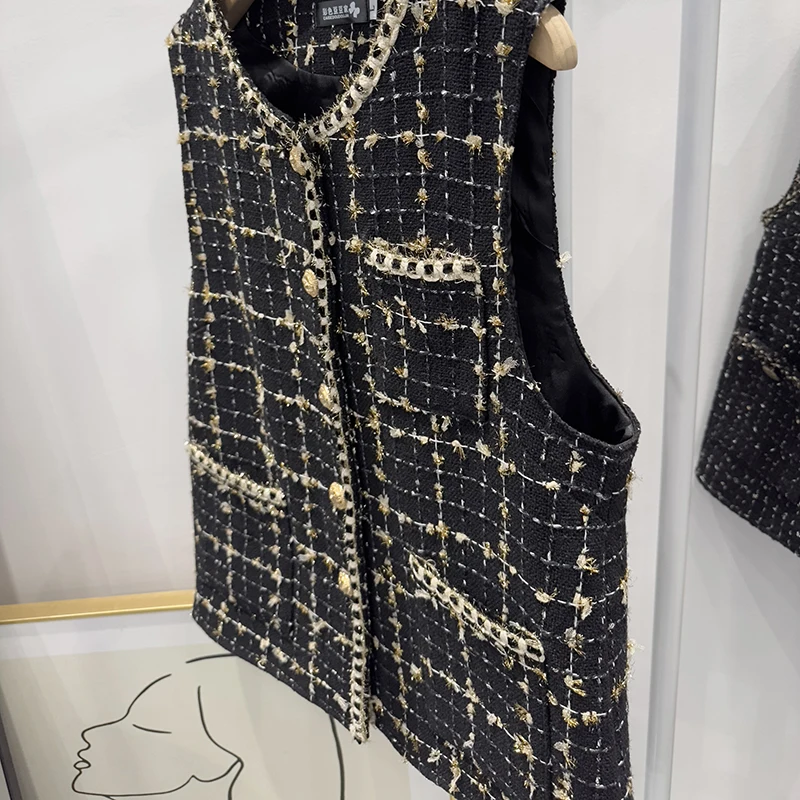 Women's Clothing Autumn Winter New Fragrant Style Vest Shiny Silk Gold Border Coarse Tweed Jackets