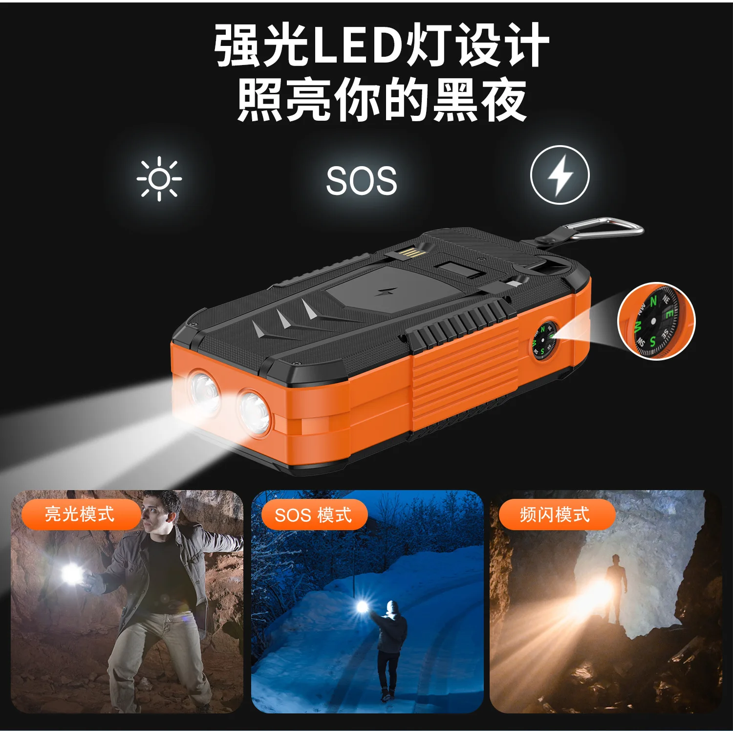 30000 MAh Outdoor Mobile Power Supply Self-driving Camping Flashlight Hand Power Generation Solar Power Bank Large Capacity