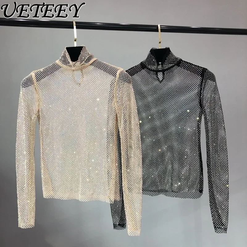 

Autumn Inner Grid Sexy Hollow Flash Diamond Long-sleeve Top High-necked Perspective Diamond Black White Bottoming Shirt Women