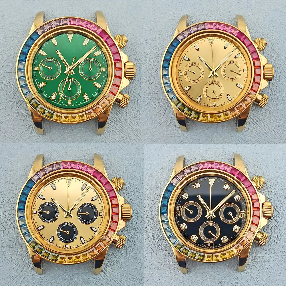 39.5mm VK63 Gold watch case fits the VK63 Movement 316L stainless steel sapphire glass 10bar waterproof Panda watch dial