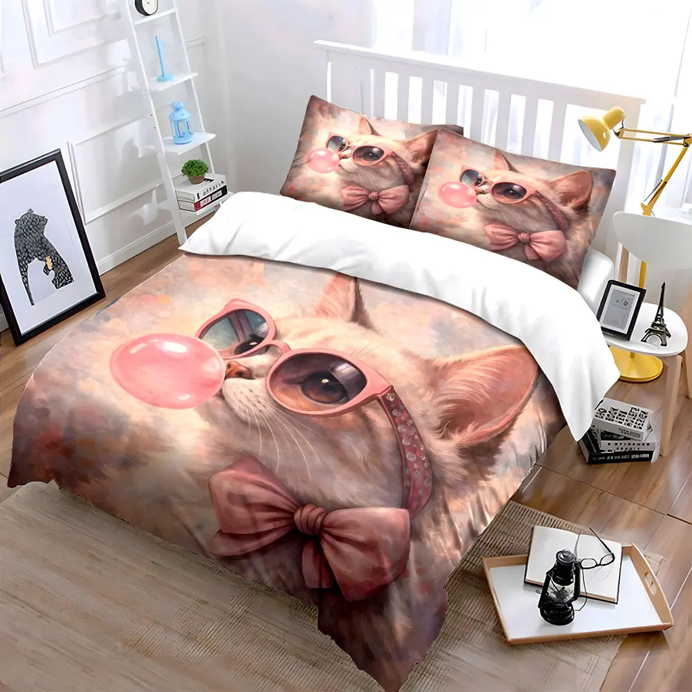 Cat wearing pink sunglasses blowing bubble Print Soft Comfortable Duvet Cover Bedding Set Included 1*Duvet Cover 2*Pillowcases
