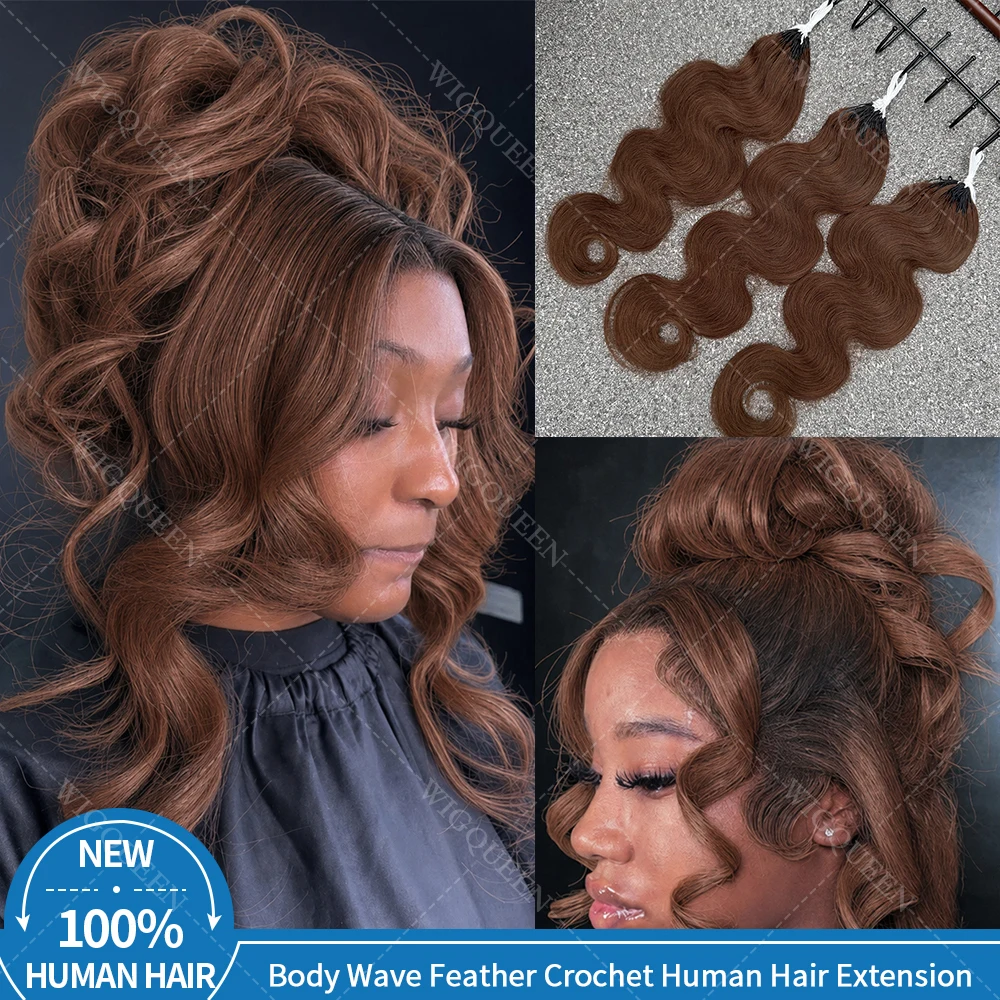 Pre-divided #4 Chocolate Brown Lightweight Feather Body Wave Crochet Human Hair Pre-Separated Knotless Invisble Miracle Knot Braids Curly Feather Crochet Bundles 100% Human Hair With String Extensions For Boho Braiding #1B Natural Black/#27 Honey Blonde