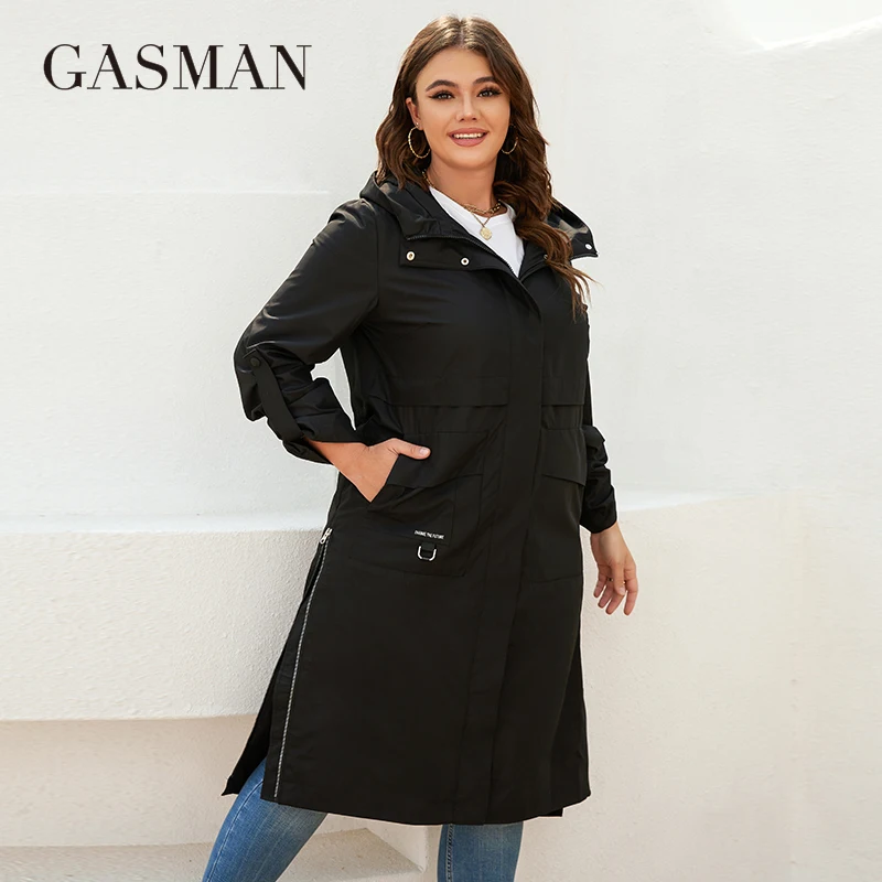 GASMAN Women\'s trench spring 2022 long Fashion design Coat women Brand High-Quality hooded Women\'s windbreaker split jacket 8289