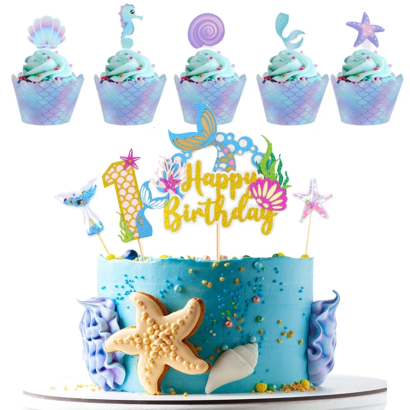 Mermaid Theme Cake Topper Kids Birthday Cupcake Topper Wrappers Birthday Cake Decor Baby Shower Under the Sea Party Supplies