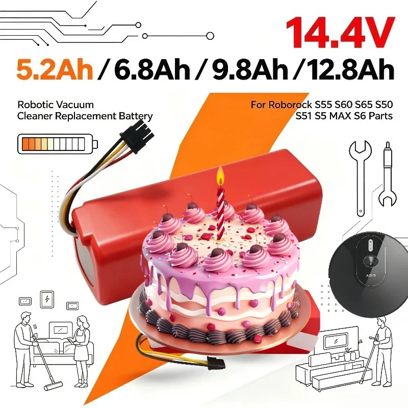 14.4V 5.2Ah to 12.8Ah Robot Cleaner Battery Compatible Roborock S50 S51 S55 S5 MAX S6 S60 S65 Vacuum Replacement Parts