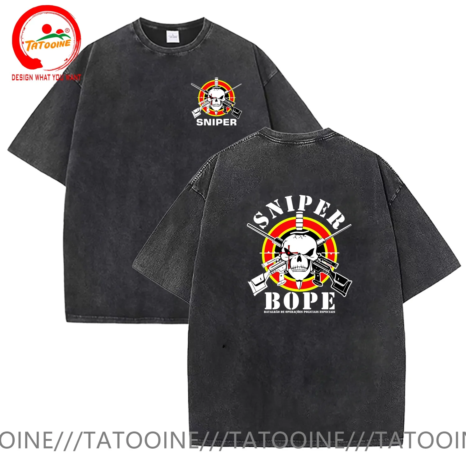 Vintage Washed Cotton T-Shirt Funny Designer Sniper BOPE Brazil  T Shirt Men Fashion Trendy Casual Clothing Stylish Tops Tees