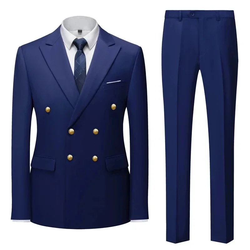 Men\'s Casual Boutique Double Breasted Suit Trousers Man\'s Business Suit Jacket Blazers Coat Pants 2 Pcs Set