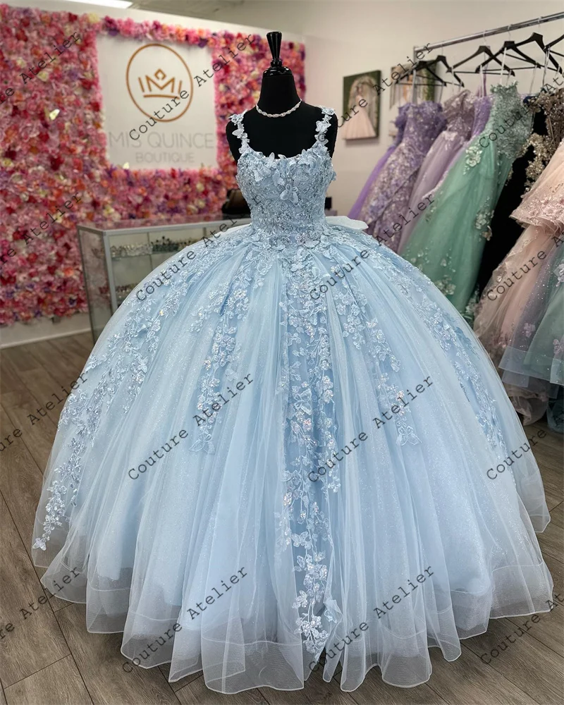 2024 Himmelblaue Prinzessin Quinceanera-Kleider, schulterfrei, Spitzenapplikationen, Korsett-Up, Ballkleid, süßer 16. Geburtstag, individuell gestaltet