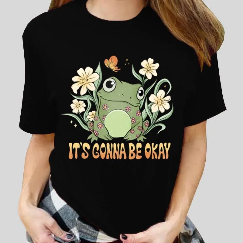 New Frog Print T-Shirt Women Casual T Shirt Summer Fashion Short Sleeve Round Neck Tops