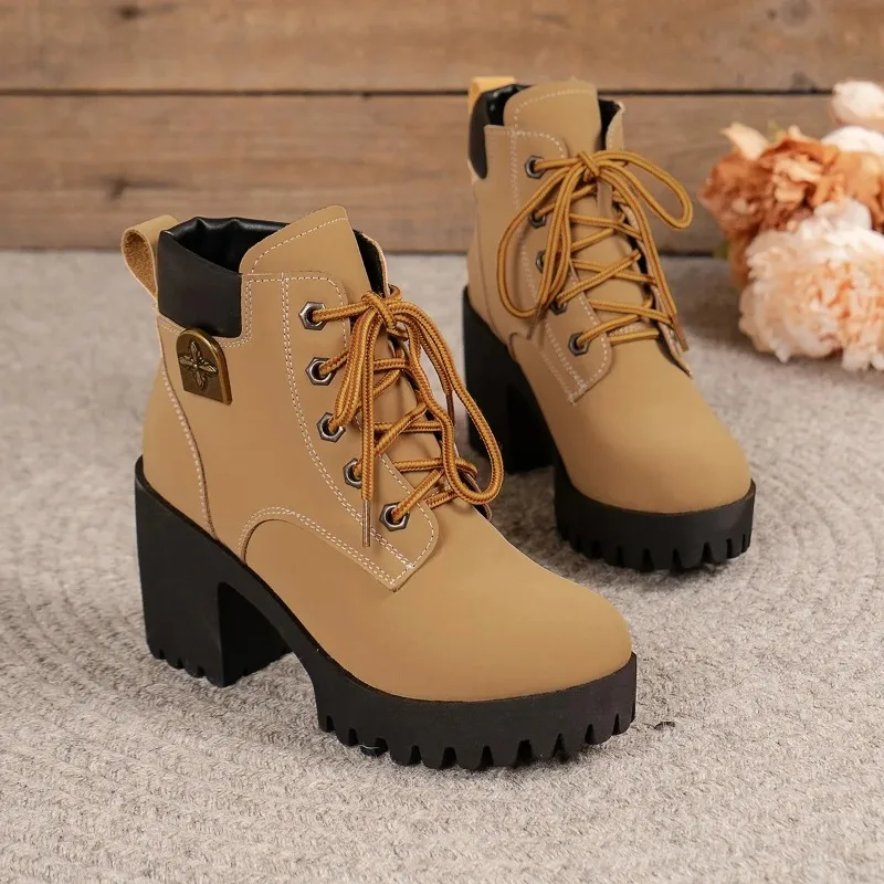 

2026New Women Boots Fashion Casual Leather Boots Thick Heels Ankle Booties Classic Lace Up Short Boots for Women Bottines Femmes