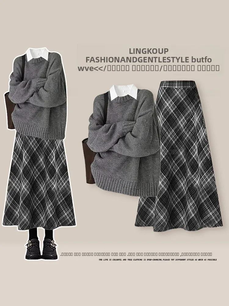 

Женский осенне-зимний комплект из вязаного свитера и клетчатой юбки, модный повседневный комплект больших размеров.