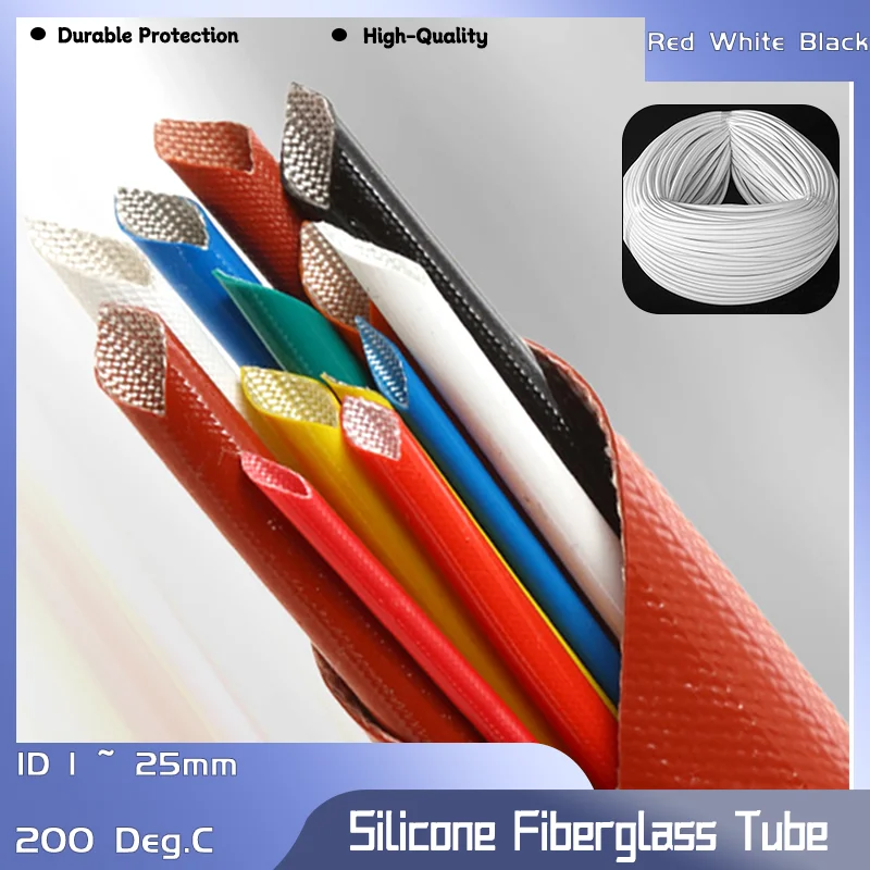 200 Deg.C Fiberglass 1M ID 1 ~ 25mm Silicone Fiberglass Sleeving Flame Resistant Silicone Resin Insulate Cable Protect Tubing