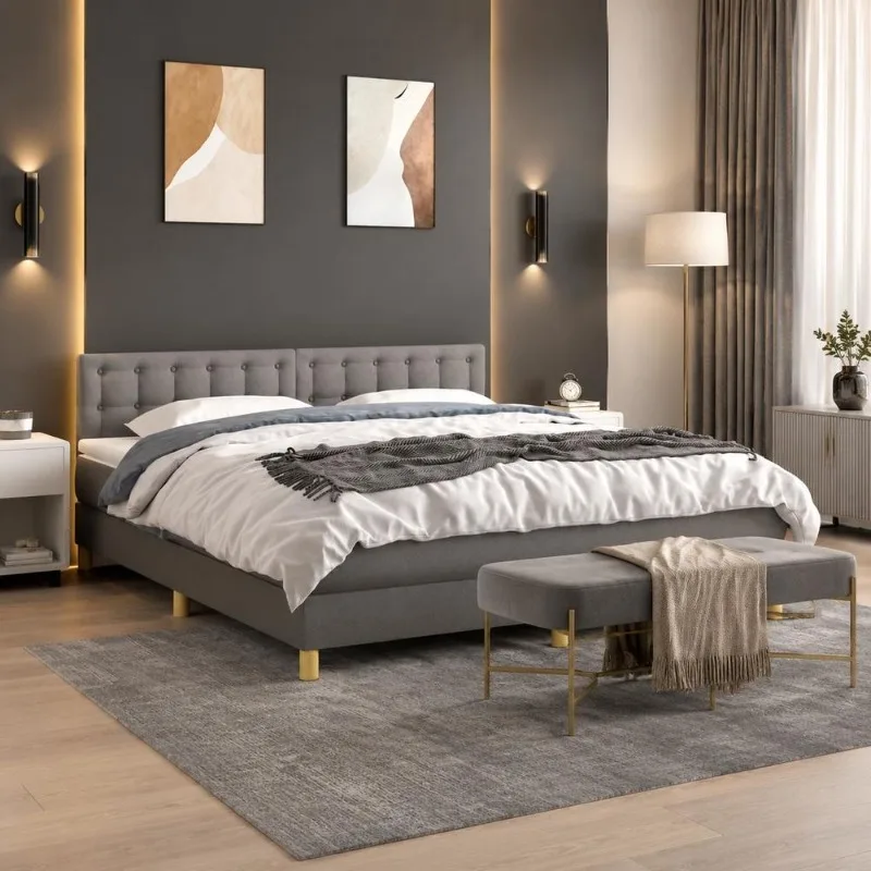 Sommier tapissier 160 x 200 cm avec matelas à ressorts ensachés, tissu respirant, tête de lit réglable en hauteur, conçu pour la chambre principale, appartement, studio et chambre d'hôtes, style classique