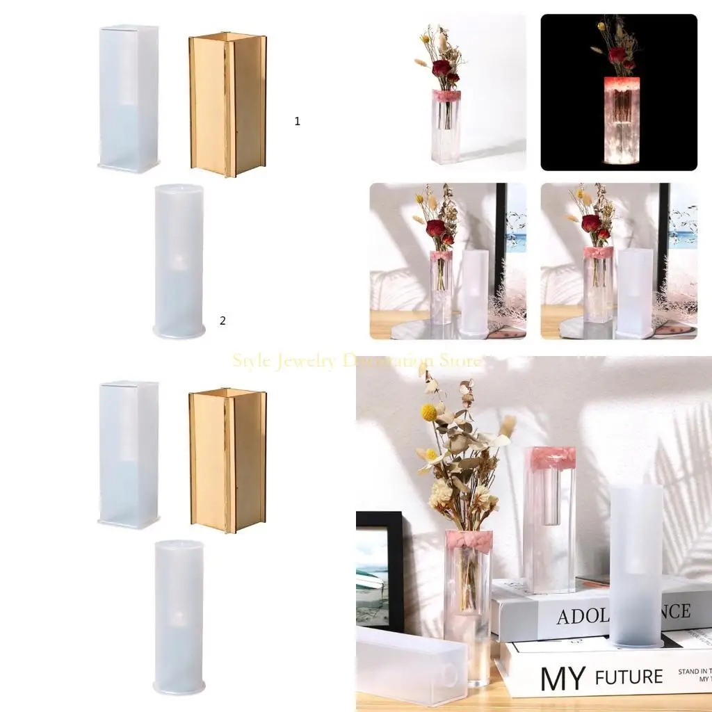 

D46E Cuboid Cylinder Vase Silicone Mold Pen Holder Epoxy Casting Mould Flower Vase Resin Moulds for DIY Trinket Container