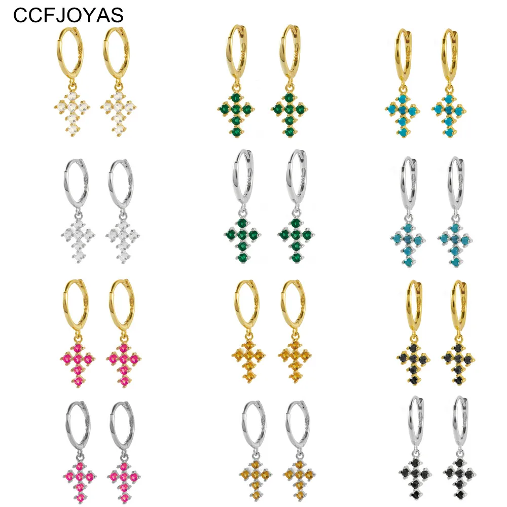 

CCFJOYAS 6/12 Pairs/Set Muliticolor Zircon 925 Sterling Silver Cross Pendant Hoop Earrings Fashion Gold Silver color Jewelry Set