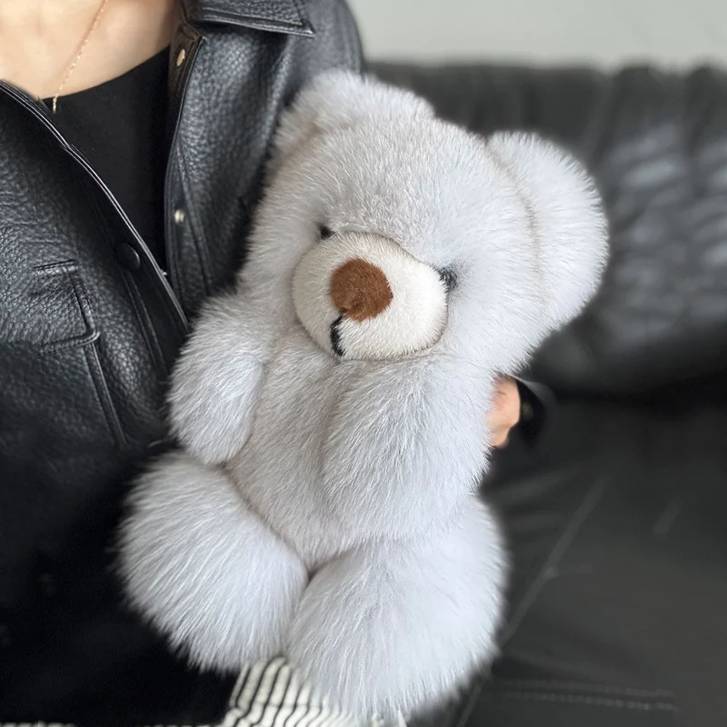 Stuffed Animals Plush Little Bear keychain Real Fox Fur Doll Bear Plush Sitting Doll Couple Toy Soft Bear Bag Pendant keychain