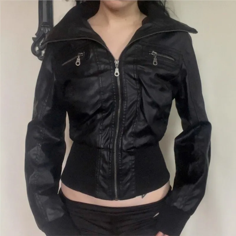 Damen-Lederjacke mit Revers, Taillenbund, Reißverschlusstasche, Langen Ärmeln, Herbst, Casual, Vintage, Streetwear, Motorradjacke für Damen