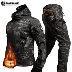 Winter Camo Combat Set Mens Fleece Waterproof Tactical Training Suit Hooded Multi Pocket Jacket+Wear-resistant Cargo Pants 2-pcs