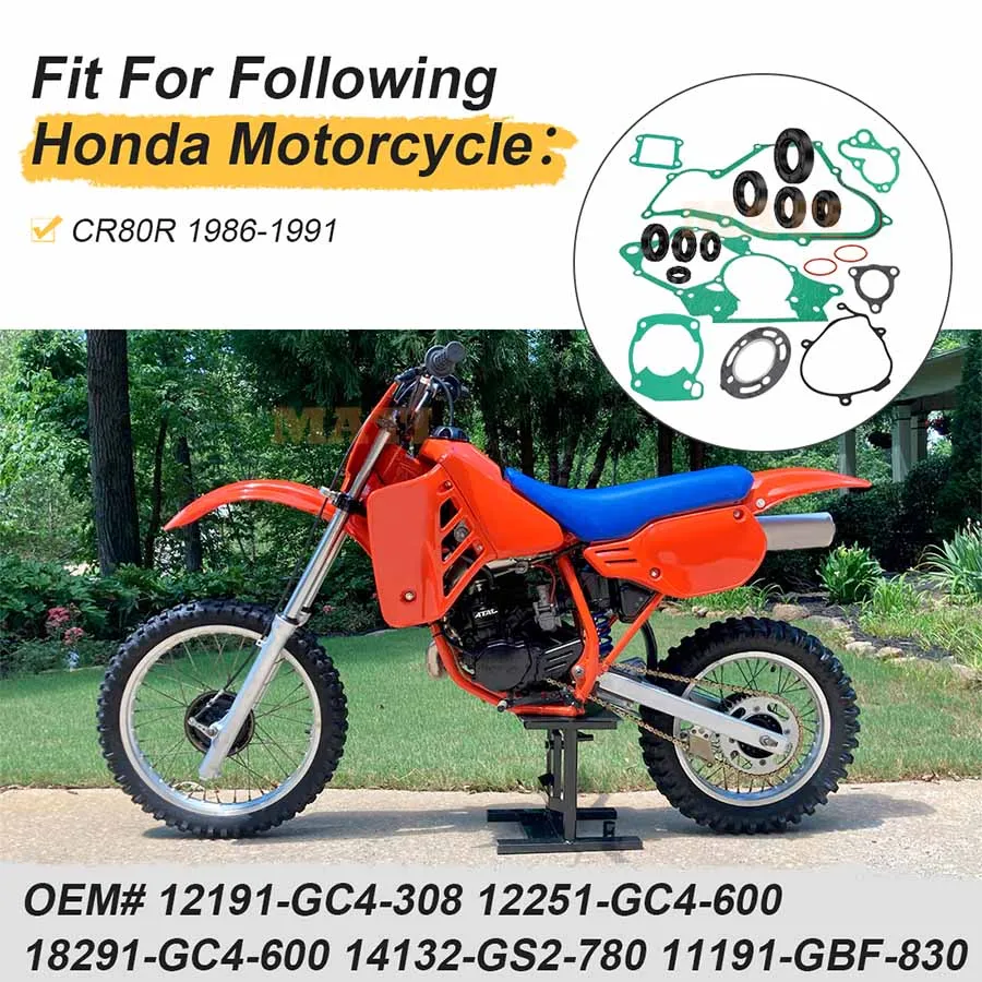 M MATI Complete Engine Top & Bottom End Gasket Oil Seal Kit Honda CR80R 1986-1991 O.E.M#12191-GC4-308
