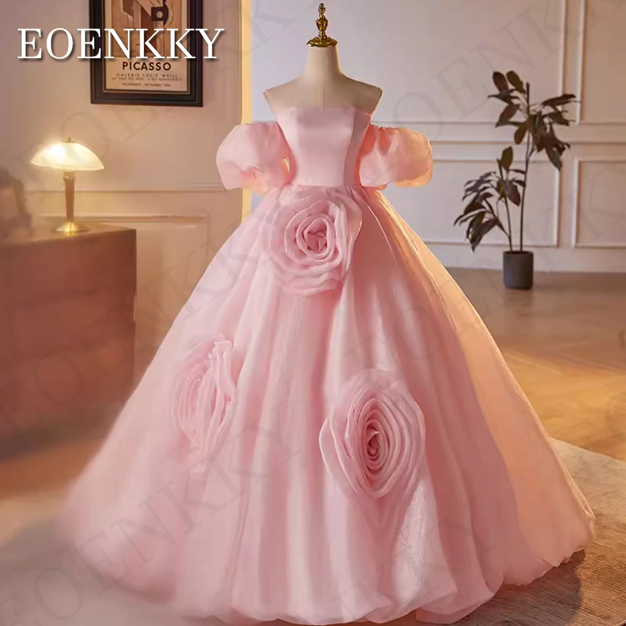 

Pink Puff Sleeves Ball Gown 2024 Luxury 3D Flowers Evening Dress Fairy Boat Neck Tulle Banquet Sweep Train Women robes de soirée