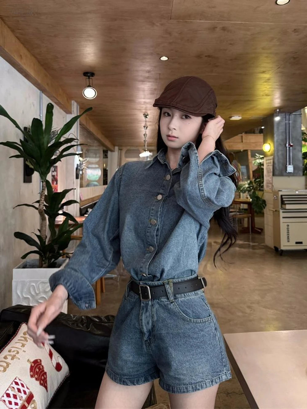 2025 Autumn New Sle Hot Girl Design Long Sve Denim Wide Leg Pants Faion Set Women's Casual Wear Comfortable Fit irt
