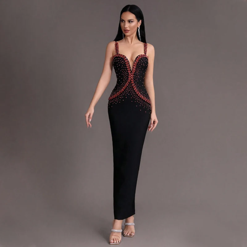 Factory Wholesale Women\'s Black Spaghetti Strap Ruby Deep V-Neck Sexy Celebrity Cocktail Party Bandage Long Dress