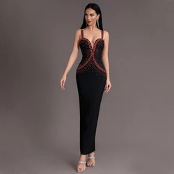 Factory Wholesale Women's Black Spaghetti Strap Ruby Deep V-Neck Sexy Celebrity Cocktail Party Bandage Long Dress