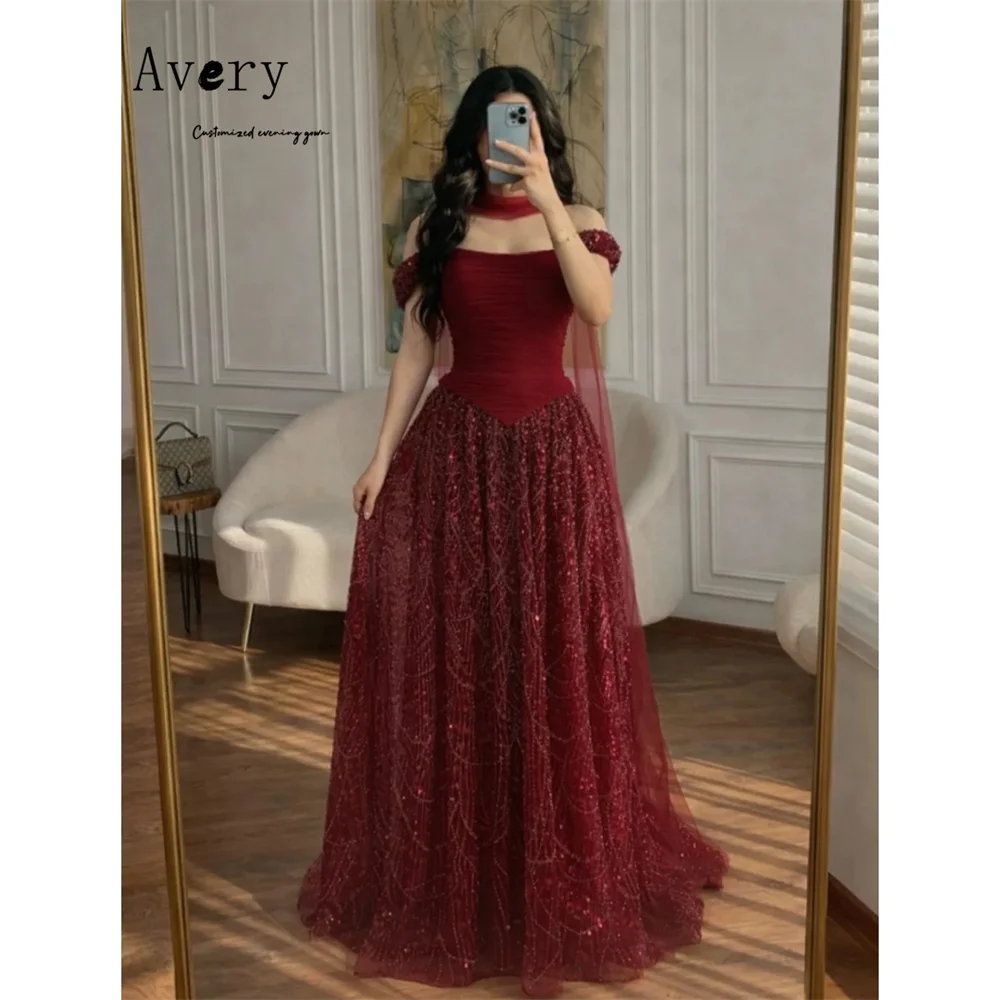

Avery Custom Burgundy Beaded A-line Off-the-shoulder Prom Dress 2026 Woman Woman Dresses for Wedding Party Evening Gown Elegant