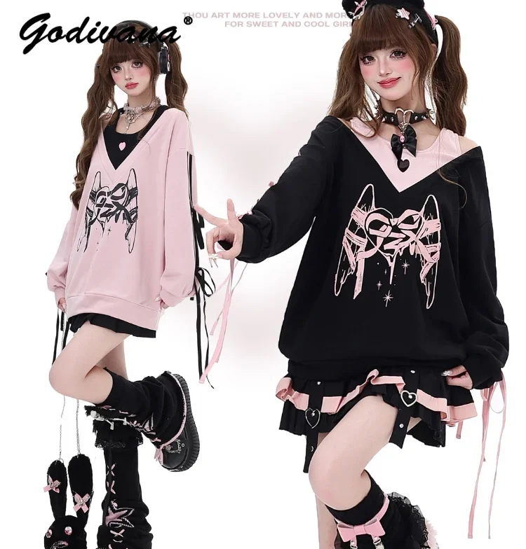 

Original Sweet Cool Y2K Printed Fake Two-piece Strap Loose Sweatshirt Large V Neck Autumn Women's Pullover Hoodie Tops