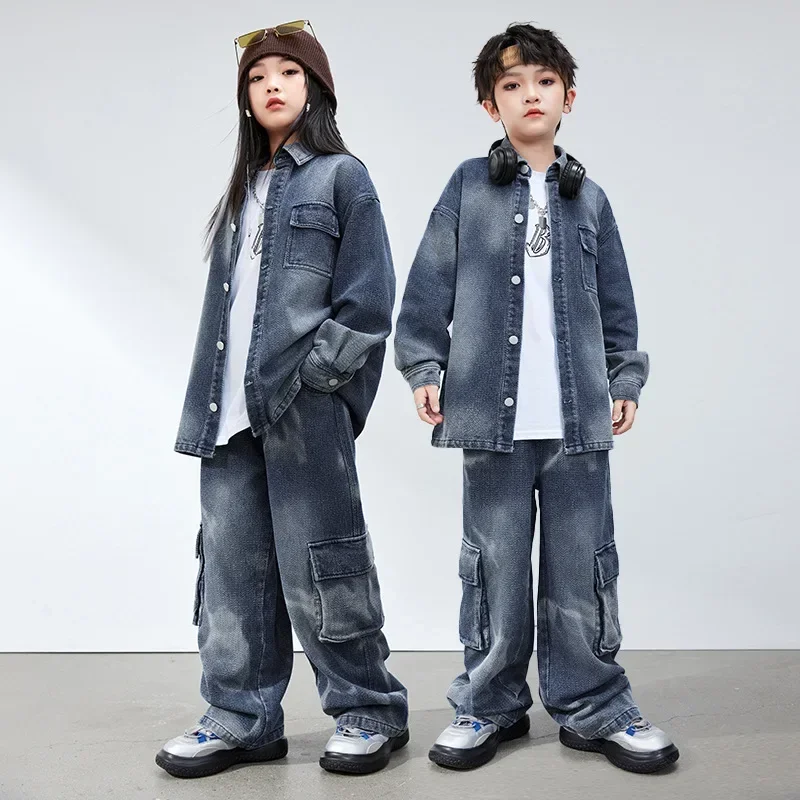 

Kids Boys Grils Streetwear Hip Hop Loose Casual Denim Shirts Jeans 2 Pieces Sets Teens Children Coat Pants Performance Costumes