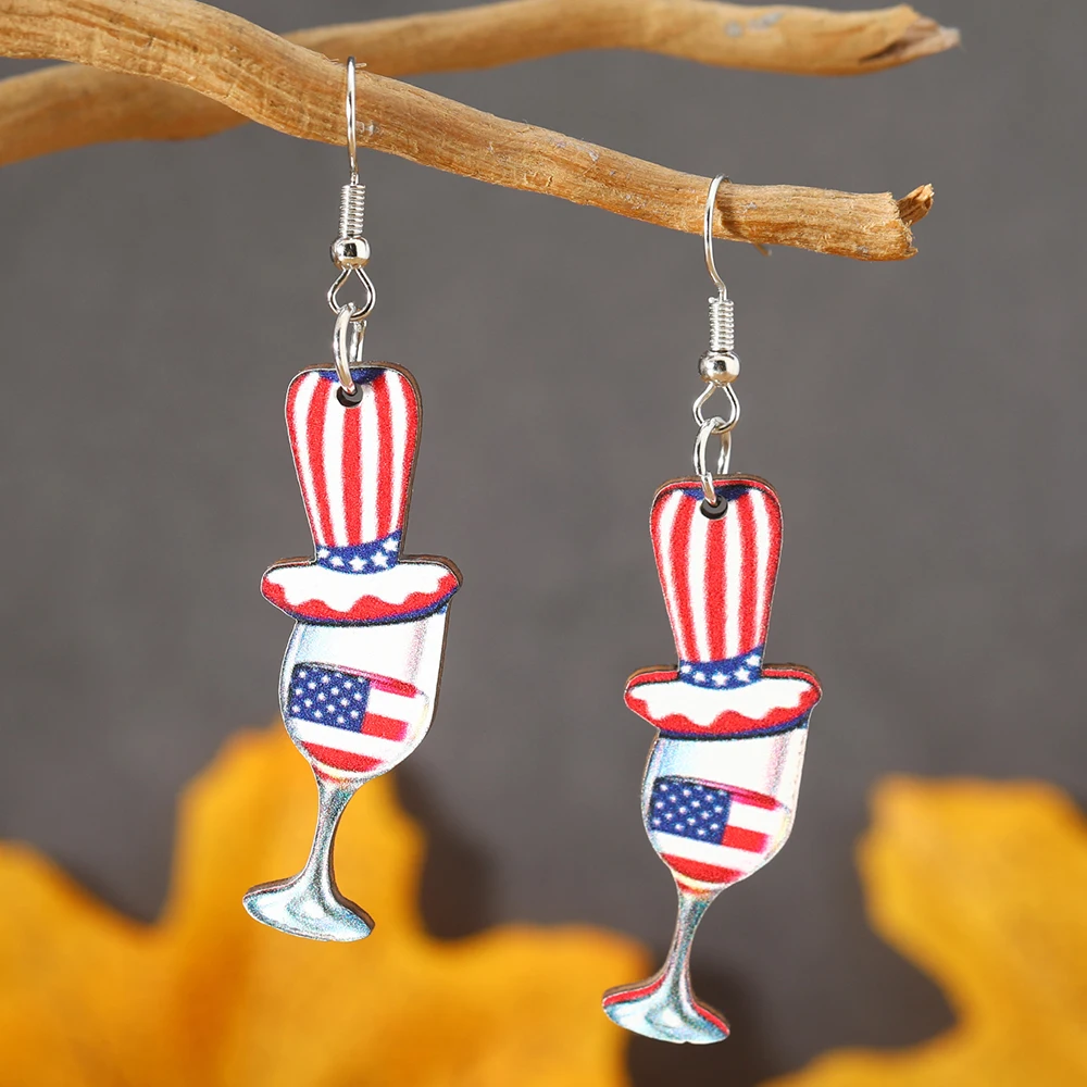 A pair of fashionable hanging earrings for women, creative red, blue, and white spliced wine bottle, high footed cup, ice cream,