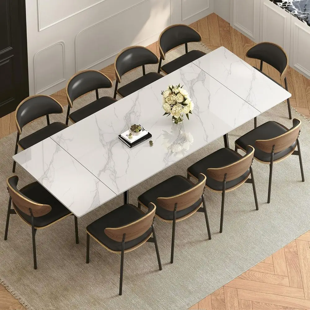

62.9-94 Extendable Dining Table for 6-10 Seats, White Sintered Stone Top, High Durability for Family Gatherings