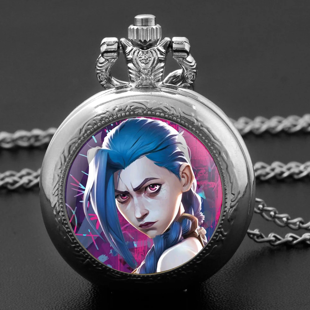 Fashion Silver Stainless Steel Arcane Jinx Design Glass Dome Quartz Pocket Watch Necklace Women Jewelry Pendant Chain
