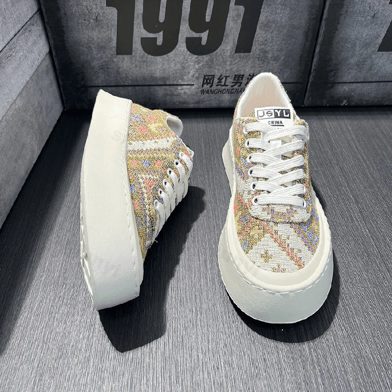 Fashion Men Canvas Shoes 2025 Spring Autumn New Breathable Embroidery Casual Flats Height Increase Comfortable Non Slip Sneakers