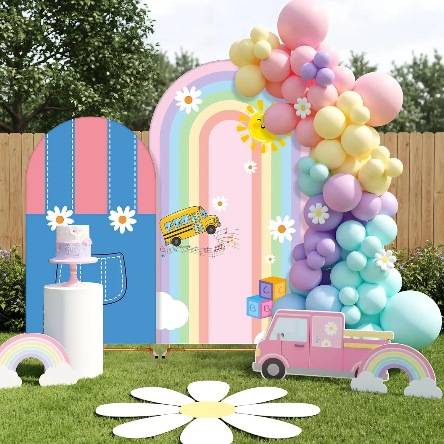 Cartoon Back to School Chiara Arch Backdrop Cover Rainbow Daisy Sunshine Preschool Children Birthday Party Background Decor