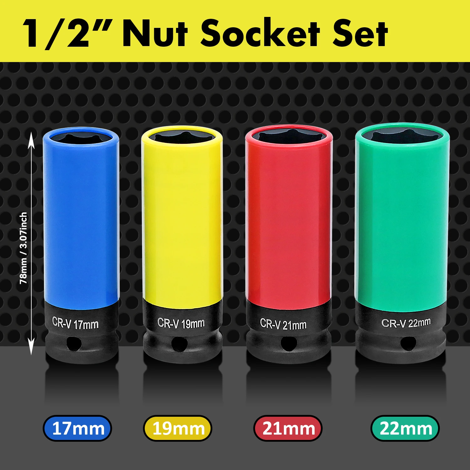 1/2' Drive Lug Nut Socket Set Drive Wheel Socket Auto Repair Protector Impact Sleeve Set 15mm, 17mm, 19mm, 21mm, and 22mm image 3