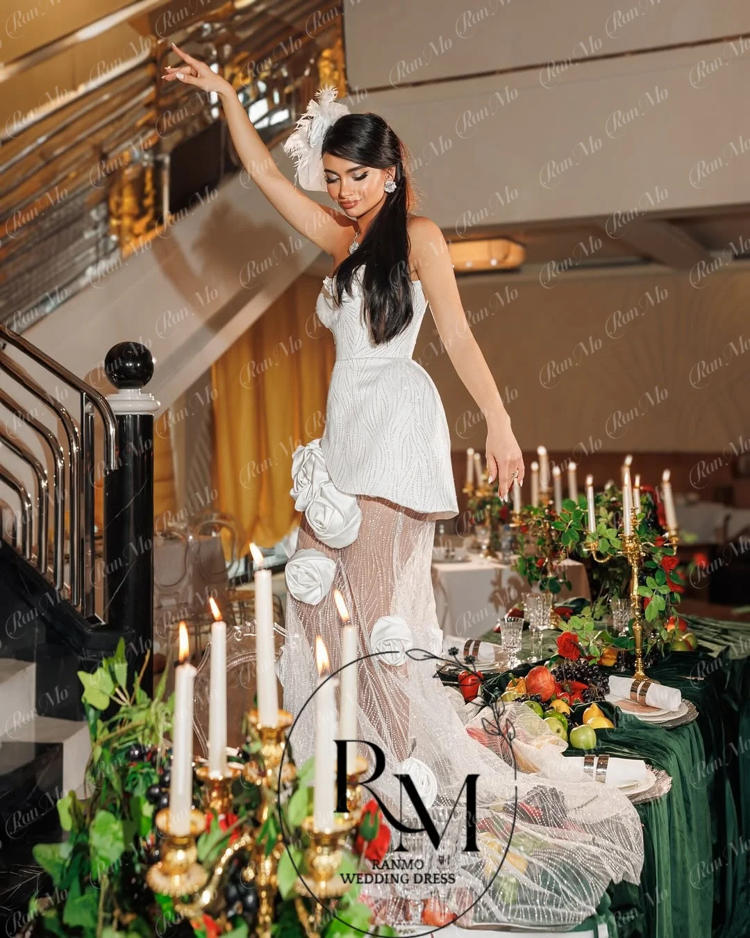 Ranmo Glitzernde Weiße Spitzen-Brautkleider für Damen mit 3D-Blumen 2026 Florales Brautkleid Handblumen Vestido de Novia Boda