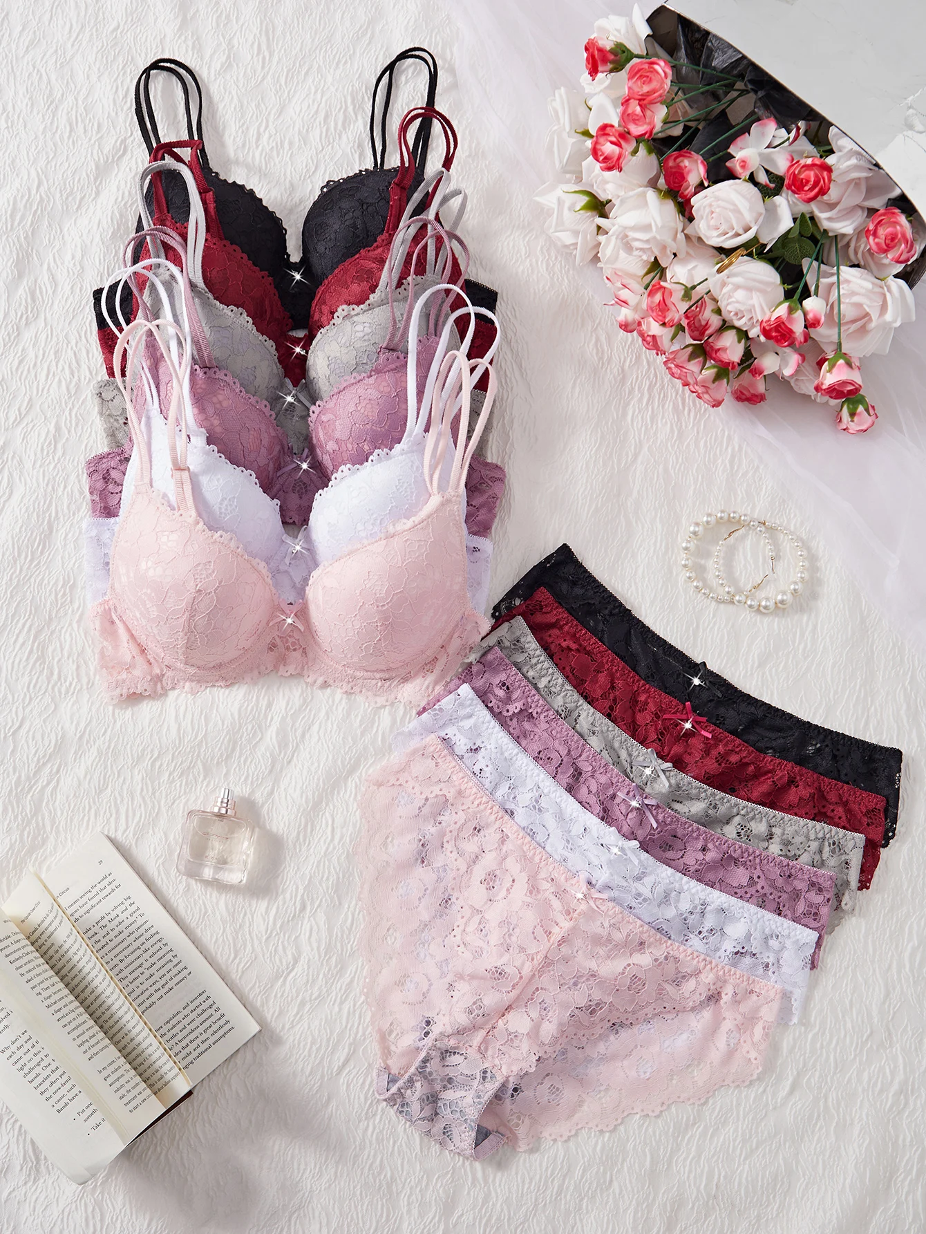 Conjunto de 6 piezas de sujetador y bragas para mujer, conjunto sexy con encaje estampado y patchwork, sin forro, ajuste cómodo, sujetador push-up para mujer, conjunto de ropa interior femenina