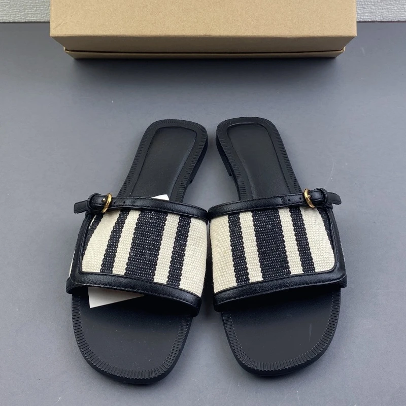 

Striped Canvas Flat Slide Women Sandals Buckle Open Toe Slip-On Slippers Casual Summer Shoes Comfort Beach and Outdoor Wear