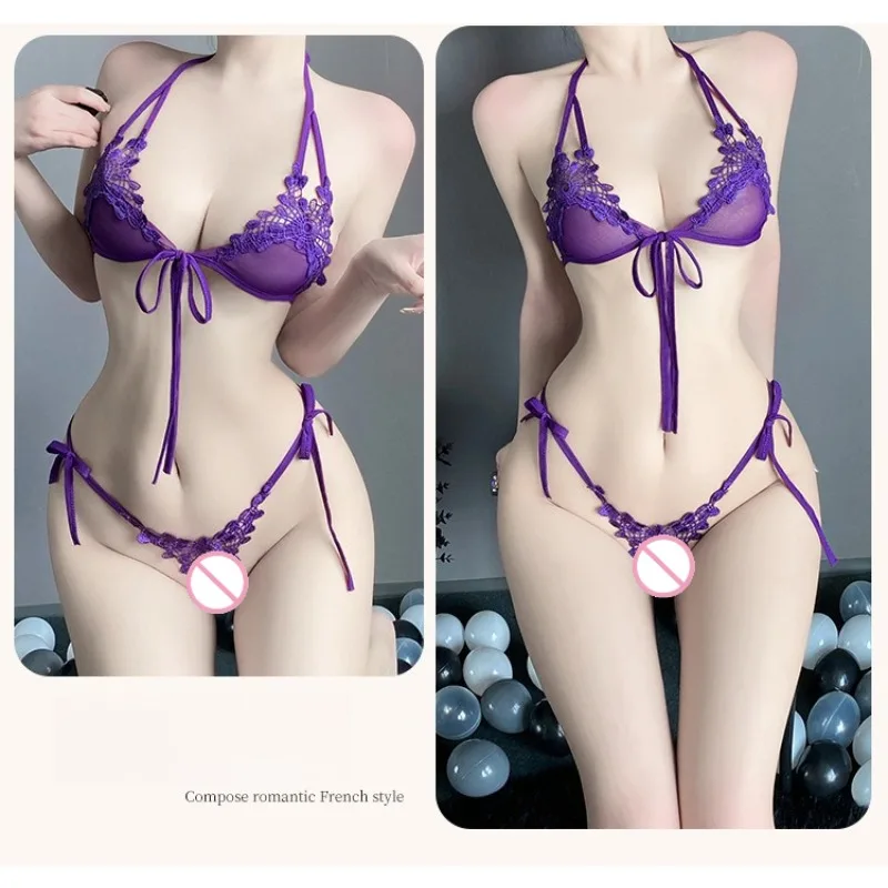 Lingerie erotica più venduta Puro desiderio Fiore Bikini Allettante e stimolante Passione Pizzo Passione di mezzanotte Set sessuale a tre punti