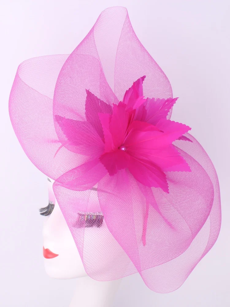 New Charming Fascinators Feather Wedding Drop Mesh Hat Flower Bride Cocktail Tea Party Headwear Women Hat Headban Hair Accessory
