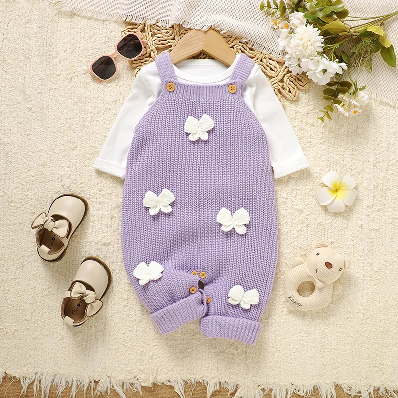 

Newborn Baby Romper Knitted Infant Kid Sling Clothes 0-18M Cute 3D Bows Overalls Autumn Playsuit Girl Jumpsuit Sleeveless Summer