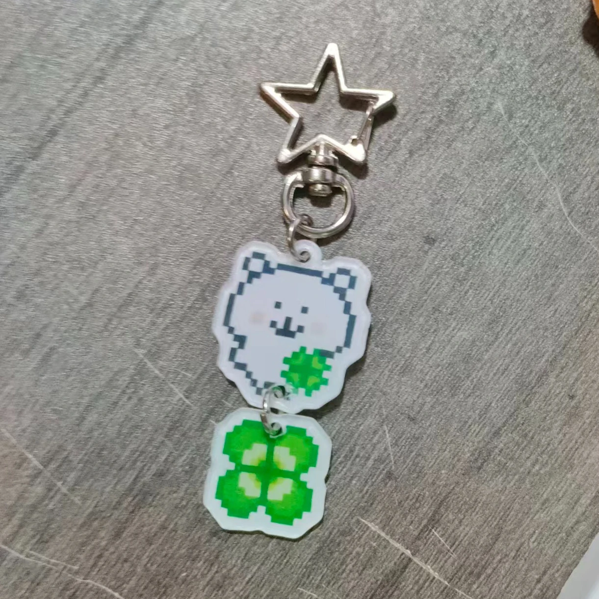 Kawaii Pixel Joke Bear Connected Keyring White Cartoon Bear Lucky Clover Acrylic Chain Pendant Sweet Trendy Small Bag Accessory