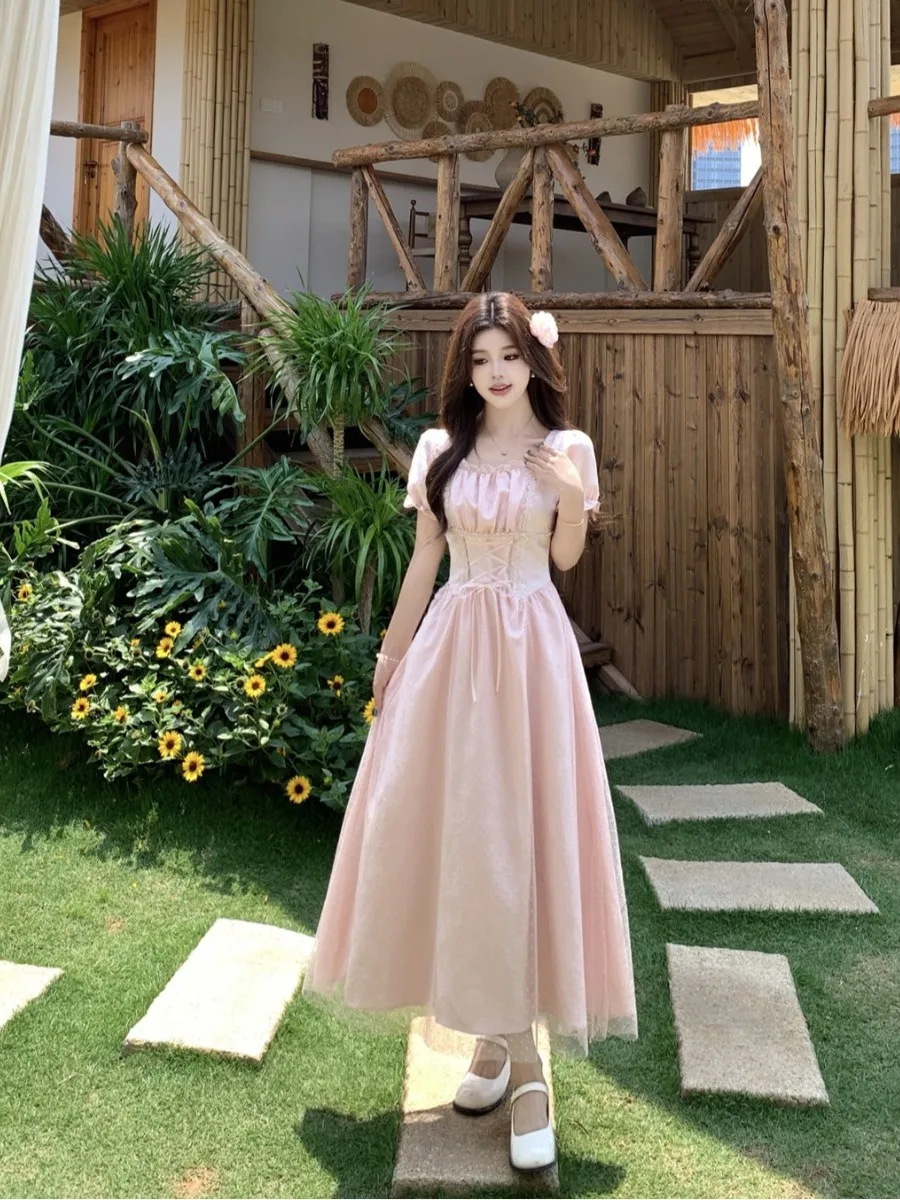 

Sweet Summer New Style plus Size Dress Square Collar Bubble Sleeve Waist Cinching Slimming Design Korean Style Long Dress